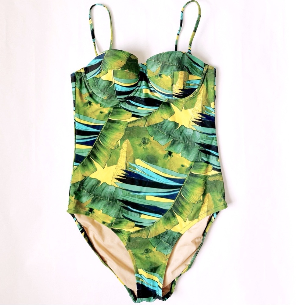 J. Crew Green and Blue Tropical One Piece Swimsuit